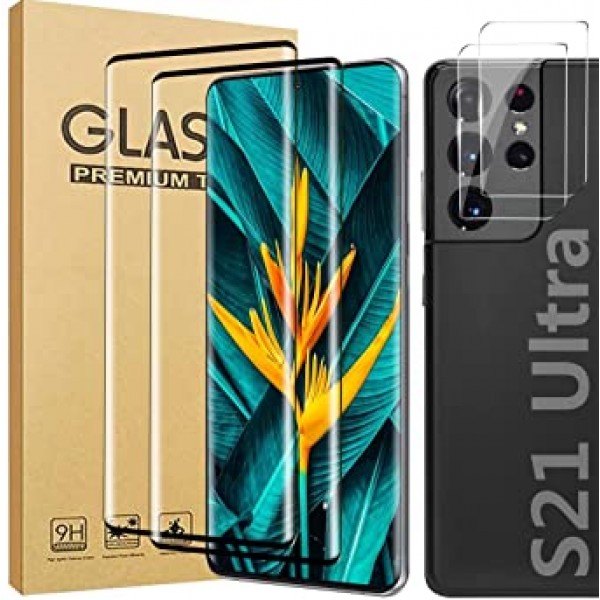 [2 2 팩] Galaxy S21 Ultra 화면 보호기, 카메라 렌즈 보호기 포함, 9H 경도 3D 곡선 고화질 유리, 지문 잠금 해제, 설치 용이성, 스크래치 방지, Samsung Galaxy S21 Ultra(6.8\