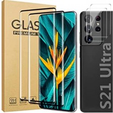 [2 2 팩] Galaxy S21 Ultra 화면 보호기, 카메라 렌즈 보호기 포함, 9H 경도 3D 곡선 고화질 유리, 지문 잠금 해제, 설치 용이성, 스크래치 방지, Samsung Galaxy S21 Ultra(6.8