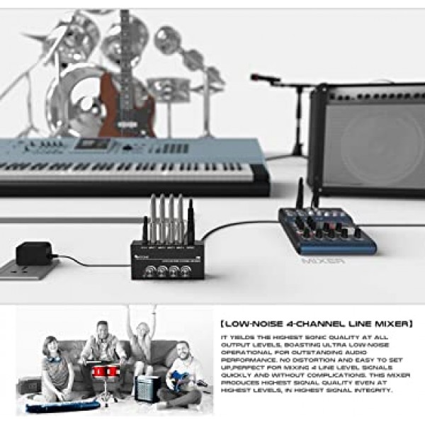 서브 믹싱을 위한 FIFINE 초저잡음 4채널 라인 믹서, AC 어댑터가 있는 4 스테레오 채널 미니 오디오 믹서. 소규모 클럽 또는 바에 이상적입니다. 마이크, 기타, 베이스, 키보드 또는 스테이지 서브 믹서-N5로