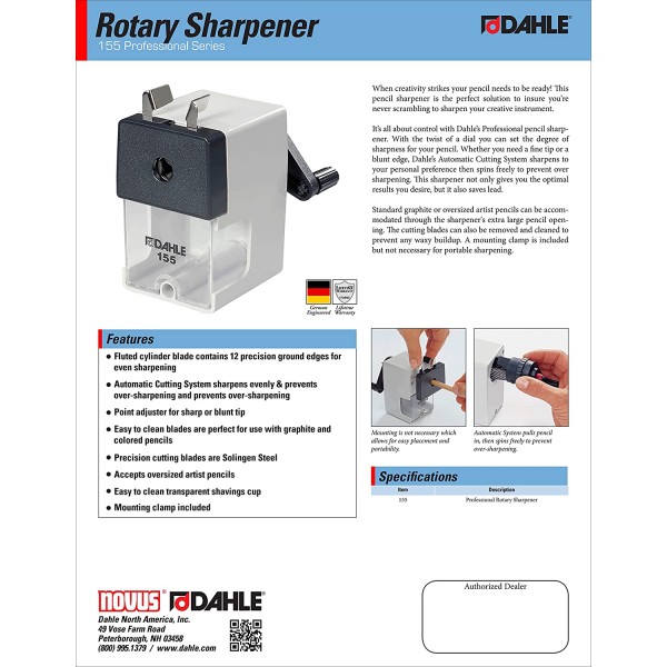 Dahle 155 전문 연필 깎이 w/포인트 조절기 & 자동 절단 시스템, 흑연 & 대형 아티스트 연필