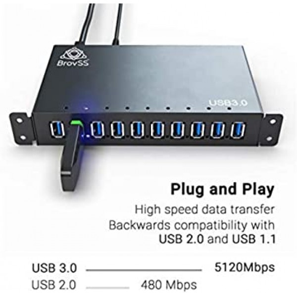 BrovSS: 10포트 전원 USB 3.0 허브 알루미늄 - USB 허브 충전기 - Apple, 노트북, PC, USB 플래시 드라이브, HDD 하드 드라이브용 USB 케이블이 있는 12V 5A 60W 전원 어댑터가 있는 다중 포트 분배기 허브(검정색)