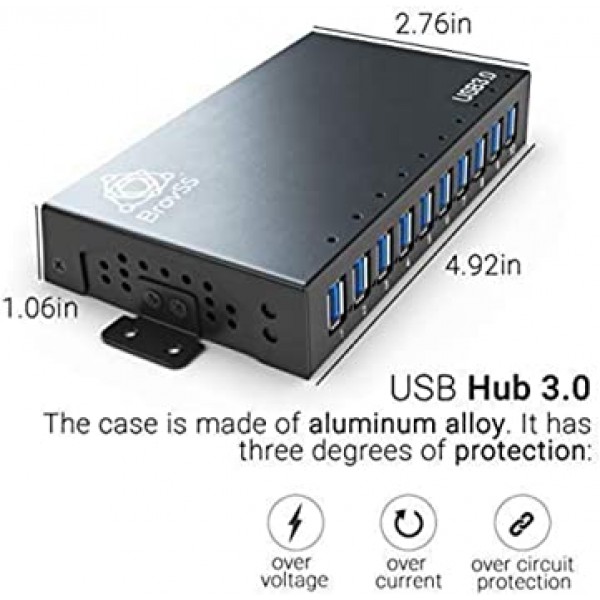 BrovSS: 10포트 전원 USB 3.0 허브 알루미늄 - USB 허브 충전기 - Apple, 노트북, PC, USB 플래시 드라이브, HDD 하드 드라이브용 USB 케이블이 있는 12V 5A 60W 전원 어댑터가 있는 다중 포트 분배기 허브(검정색)