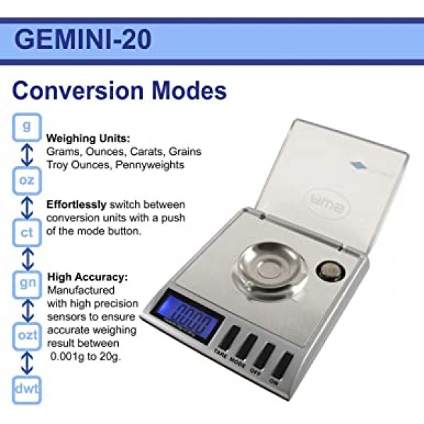 GEMINI-20 휴대용 정밀 디지털 밀리그램 스케일 20g x 0.001g (실버), GEMINI-20