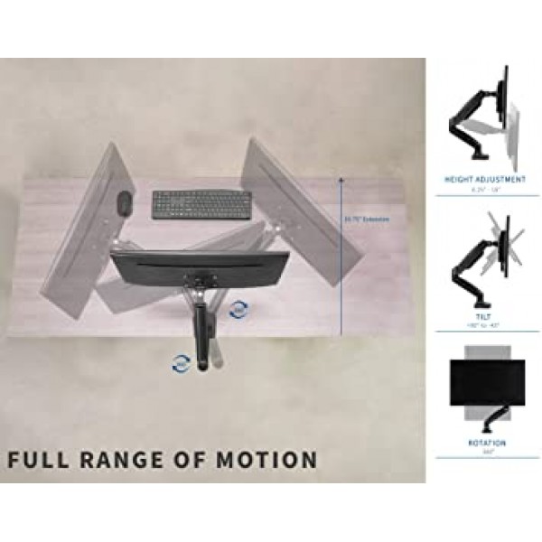 VIVO 높이 조절식 모니터 암 - 최대 27인치 스크린용 단일 카운터밸런스 데스크 마운트, 완전 굴절식 블랙 공압 범용 VESA 스탠드 STAND-V001O