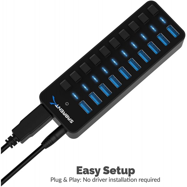 개별 전원 스위치 및 LED가 있는 Sabrent 10포트 60W USB 3.0 허브, 60W 12V/5A 전원 어댑터(HB-BU10) 포함