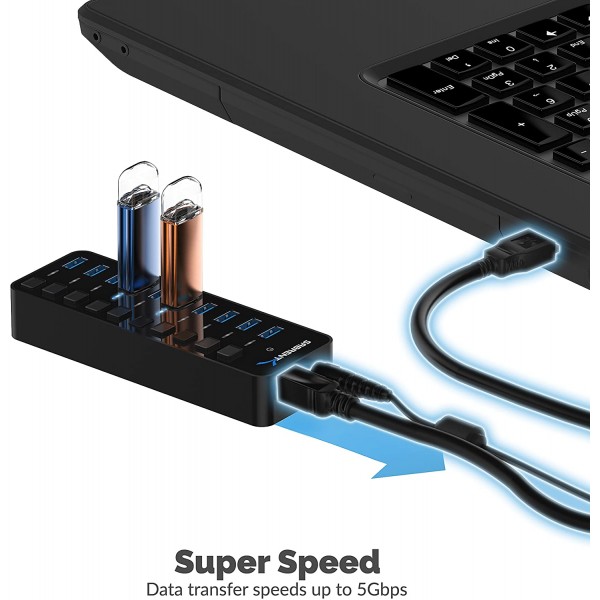 개별 전원 스위치 및 LED가 있는 Sabrent 10포트 60W USB 3.0 허브, 60W 12V/5A 전원 어댑터(HB-BU10) 포함