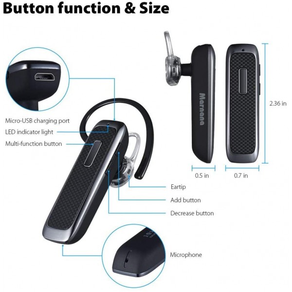 블루투스 헤드셋, 18시간 재생 및 소음 제거 마이크가 있는 Marnana 무선 블루투스 이어폰, iPhone iPad 태블릿용 초경량 이어폰 핸즈프리 Samsung Android 휴대폰 통화 업그레이드