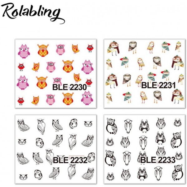 Rolabling 11 sheets 귀여운 만화 패턴 네일 아트 스티커 3d 물 전송 네일 데칼 네일 아트 팁 장식 (올빼미)