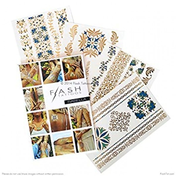 플래시 문신 Isabella Authentic Metallic Temporary Jewelry Tattoos 4 Sheet Pack (Metallic Gold/blue/green) 33개 이상의 프리미엄 방수 꽃무늬 문신 포함