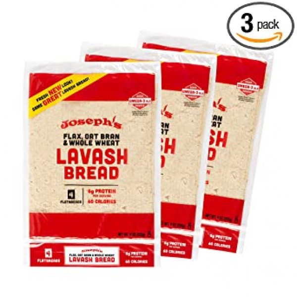 Joseph\'s Lavash Bread Value 3-팩, 아마 귀리 밀기울 & 통밀, 저탄수화물, 신선하게 구운 것(팩당 플랫브레드 4개, 총 12개)