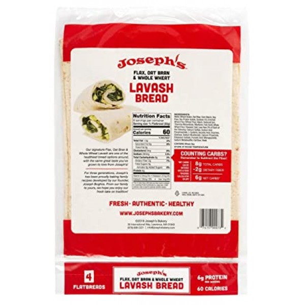 Joseph\'s Lavash Bread Value 3-팩, 아마 귀리 밀기울 & 통밀, 저탄수화물, 신선하게 구운 것(팩당 플랫브레드 4개, 총 12개)