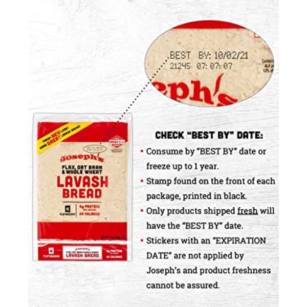 Joseph\'s Lavash Bread Value 3-팩, 아마 귀리 밀기울 & 통밀, 저탄수화물, 신선하게 구운 것(팩당 플랫브레드 4개, 총 12개)