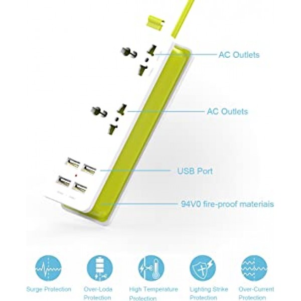 K-세기 여행용 전원 스트립 서지 보호기(2개 콘센트 포함) 4 USB 출력 5V 4.2A 출력 전원 스트립(USB 포함) 휴대용 여행용 충전기 벽 충전기(5피트 코드 100v-240v 전원 소켓 포함)