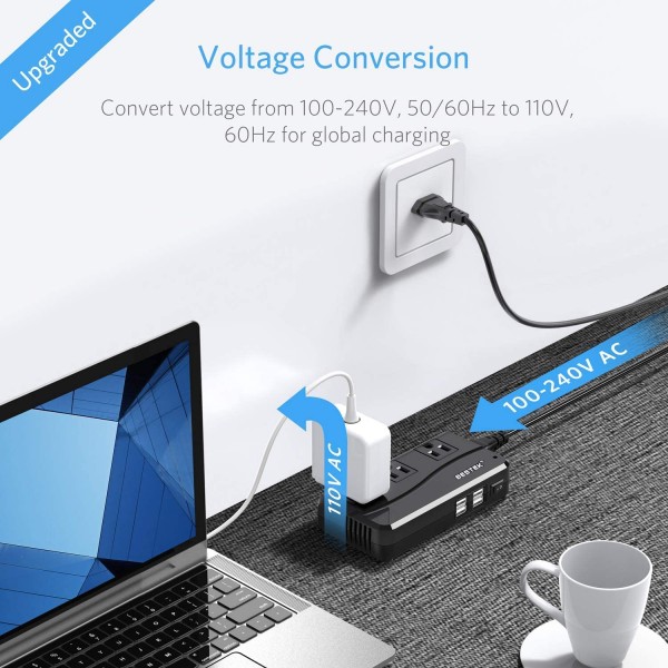 BESTEK 범용 여행용 어댑터 220V ~ 110V 전압 컨버터, 6A 4포트 USB 충전 및 UK/AU/US/EU 전세계 플러그 어댑터(검은색)