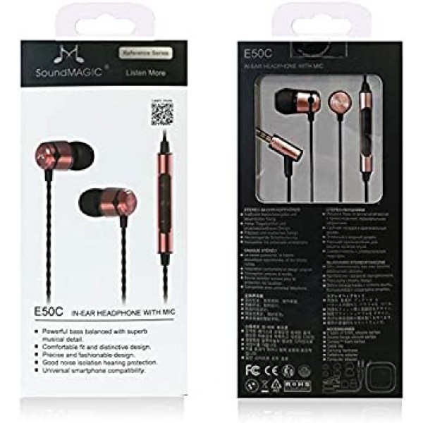 SoundMAGIC E50C 전문가용 차음 이어폰, 인이어 모니터, 유선 이어버드 헤드폰, HiFi 스테레오, 3.5mm 잭(마이크 포함), 골드