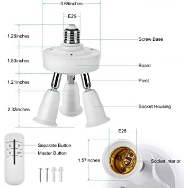 JACKYLED 원격 제어 3 in 1 조명 소켓 분배기 E26 E27 표준 LED 전구용 어댑터 변환기 360도 조정 가능한 180도 구부릴 수 있는 최대 와트 180W