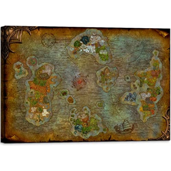 YOUHONG Retro World Map of Warcraft Canvas 벽 Art Map 인화 Artwork Decor Azeroth Game Painting 액자 Ready to 걸 대 한 Game Room Boys Room (12\'\' H x 18\'\' W)