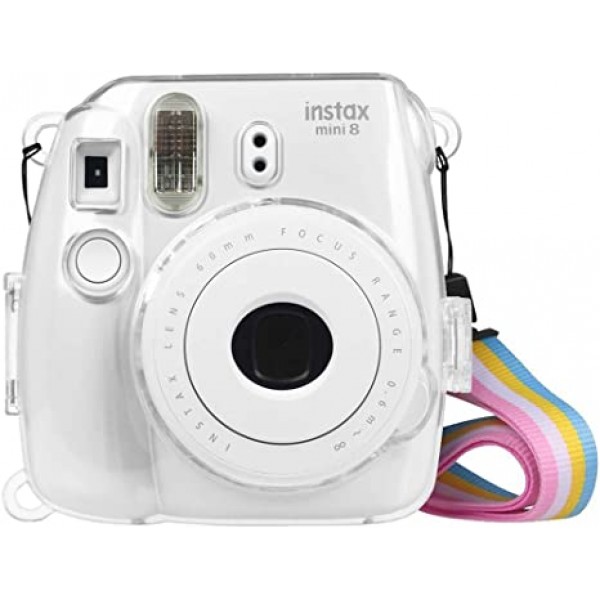 Fujifilm Instax Mini 8 Mini 8 Mini 9 즉석 카메라용 Fintie 보호용 투명 케이스 - 이동식 레인보우 숄더 스트랩이 있는 크리스탈 하드 커버, 투명