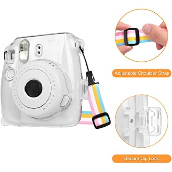 Fujifilm Instax Mini 8 Mini 8 Mini 9 즉석 카메라용 Fintie 보호용 투명 케이스 - 이동식 레인보우 숄더 스트랩이 있는 크리스탈 하드 커버, 투명