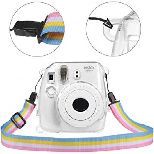 Fujifilm Instax Mini 8 Mini 8 Mini 9 즉석 카메라용 Fintie 보호용 투명 케이스 - 이동식 레인보우 숄더 스트랩이 있는 크리스탈 하드 커버, 투명