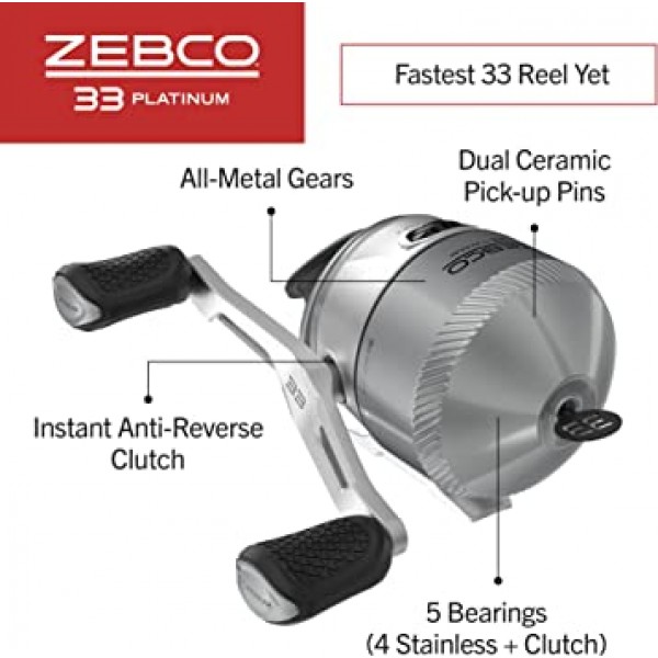 Zebco 33 Platinum Spincast Reel, 5개의 볼 베어링(4개의 클러치), 부드러운 다이얼 조정 가능한 드래그가 있는 즉각적인 역회전 방지, 강력한 전체 금속 기어 및 10파운드 케이준 라인으로 감긴 스풀