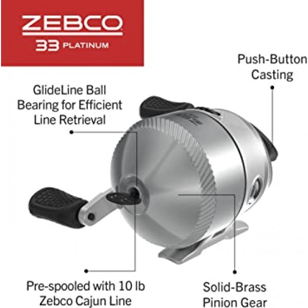 Zebco 33 Platinum Spincast Reel, 5개의 볼 베어링(4개의 클러치), 부드러운 다이얼 조정 가능한 드래그가 있는 즉각적인 역회전 방지, 강력한 전체 금속 기어 및 10파운드 케이준 라인으로 감긴 스풀