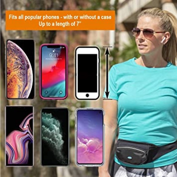 Tune Belt 방수 Running 허리 Belt 휴대폰 Holder 팩 여성, 모든 휴대폰에 맞는 파우치 / 부피가 큰 케이스, iPhone 11 12 13 Pro Max, 걷기, 운동, 하이킹 및amp; 여행(검정)