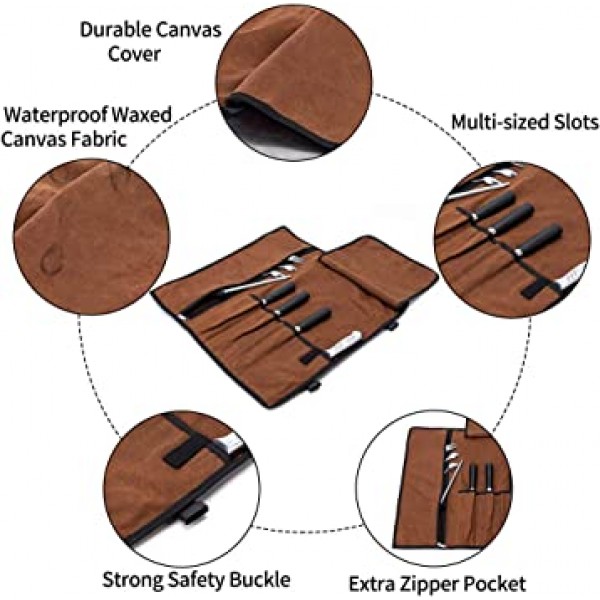 요리사의 칼 롤, 5 포켓 칼 가방, 왁스 칠한 캔버스 롤업 요리 가방, 전문 칼 붙이 보관 케이스, 휴대용 칼 도구 롤 가방, 요리, 캠핑 (커피) 용 다목적 칼 커버
