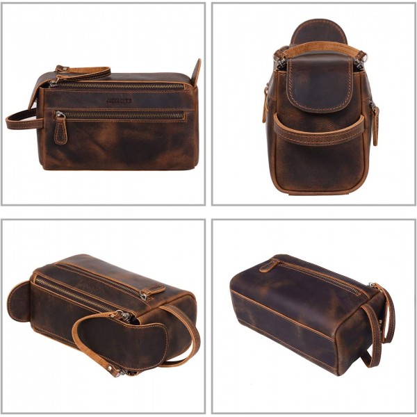 Jack&Chris 두꺼운 가죽 세면도구 가방 Dopp Kit, 남녀공용 여행 Dopp Wash Kit & 욕실 정리용 쉐이빙 백, 더블 지퍼 풀러 & 양쪽 사이드 지퍼 포켓. (디스트레스드 탄)1800-8