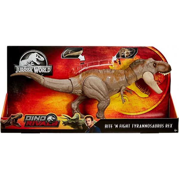 Jurassic World Bite \'n Fight Tyrannosaurus Rex는 사실적인 조각, 관절 및 꼬리 공격 및 머리 공격을 위한 이중 버튼 활성화가 포함된 더 큰 크기(4세 이상)