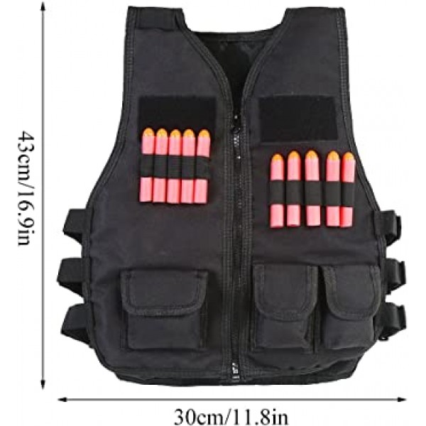 어린이 전술 조끼, 어린이 야외 스포츠 전술 조끼 재킷 우드랜드 육군 전투 조끼 훈련 조끼 10 pcs 총알 다트 야외 사냥 CS 게임(12-블랙)