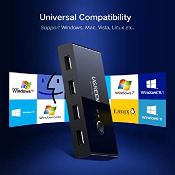 UGREEN USB 스위치 선택기 KVM 스위치 2대의 컴퓨터 공유 4개의 USB 장치 USB 2.0 마우스 키보드 스캐너용 주변기기 스위처 박스 허브 원버튼 스와핑 및 2팩 USB A-A 케이블이 있는 PC