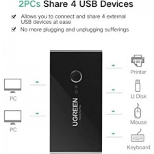 UGREEN USB 스위치 선택기 KVM 스위치 2대의 컴퓨터 공유 4개의 USB 장치 USB 2.0 마우스 키보드 스캐너용 주변기기 스위처 박스 허브 원버튼 스와핑 및 2팩 USB A-A 케이블이 있는 PC