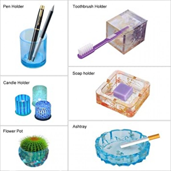에폭시 수지 실리콘 몰드, 코스터/재떨이/화분/펜 양초 비누 쥬얼리 홀더용 대형 아트 수지 몰드, 원형/사각 재떨이, 실린더, 큐브, 그릇, 믹싱 컵 및 나무 막대기 포함