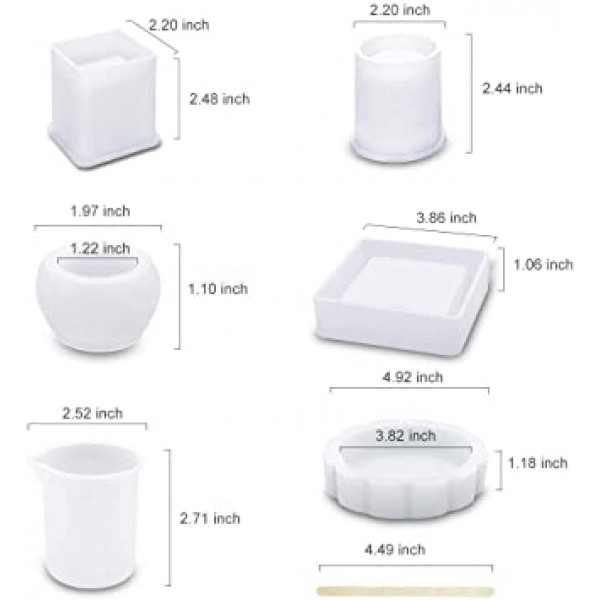에폭시 수지 실리콘 몰드, 코스터/재떨이/화분/펜 양초 비누 쥬얼리 홀더용 대형 아트 수지 몰드, 원형/사각 재떨이, 실린더, 큐브, 그릇, 믹싱 컵 및 나무 막대기 포함