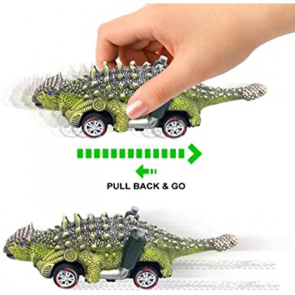 DINOBROS Dinosaur Toy Pull Back Cars, 3세 남아 및 유아를 위한 6팩 Dino 장난감, 3,4,5세 이상 소년 장난감, 풀백 장난감 자동차, T-Rex와 공룡 게임