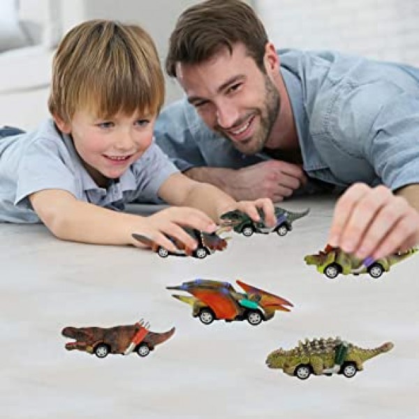 DINOBROS Dinosaur Toy Pull Back Cars, 3세 남아 및 유아를 위한 6팩 Dino 장난감, 3,4,5세 이상 소년 장난감, 풀백 장난감 자동차, T-Rex와 공룡 게임