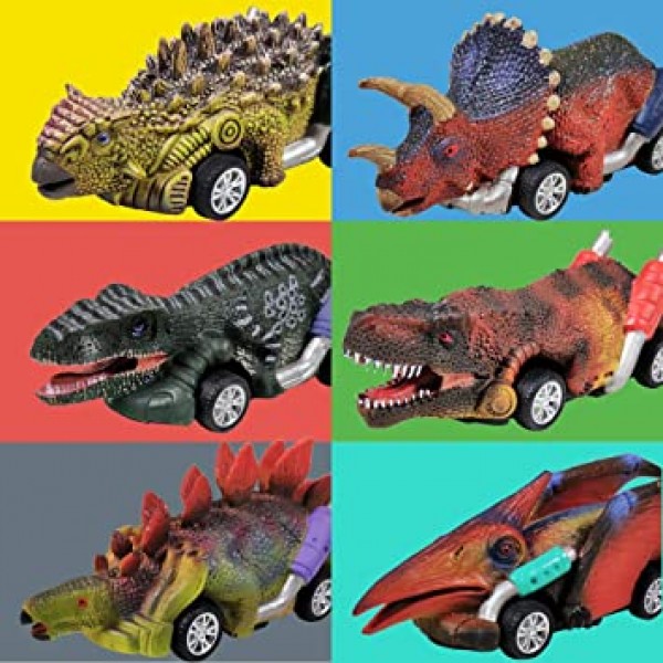 DINOBROS Dinosaur Toy Pull Back Cars, 3세 남아 및 유아를 위한 6팩 Dino 장난감, 3,4,5세 이상 소년 장난감, 풀백 장난감 자동차, T-Rex와 공룡 게임