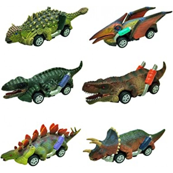 DINOBROS Dinosaur Toy Pull Back Cars, 3세 남아 및 유아를 위한 6팩 Dino 장난감, 3,4,5세 이상 소년 장난감, 풀백 장난감 자동차, T-Rex와 공룡 게임