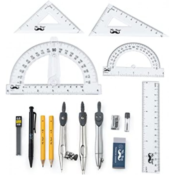 6인치 스윙 암 각도기, 디바이더, 세트 사각형, 눈금자, 나침반 및 각도기가 포함된 Mr. Pen Geometry 세트, 15개 세트