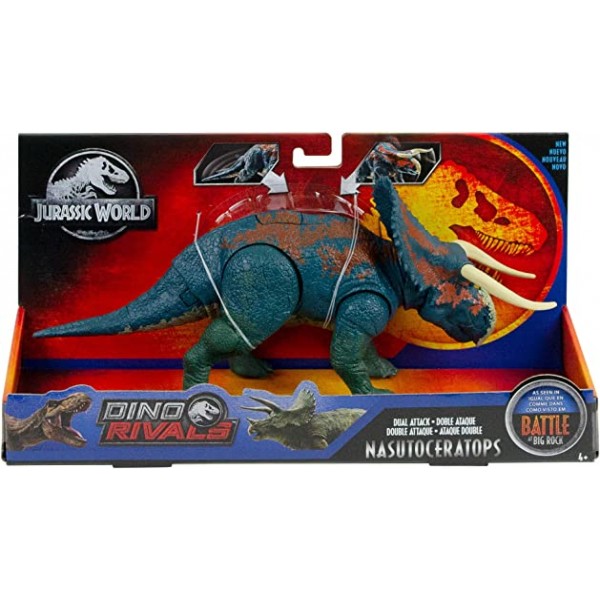 Jurassic World Dual Attack Nasutoceratops Dinosaurs in Medium Size with Button-Activated Dual Strike Action Moves like Tail & 헤드 스트라이크