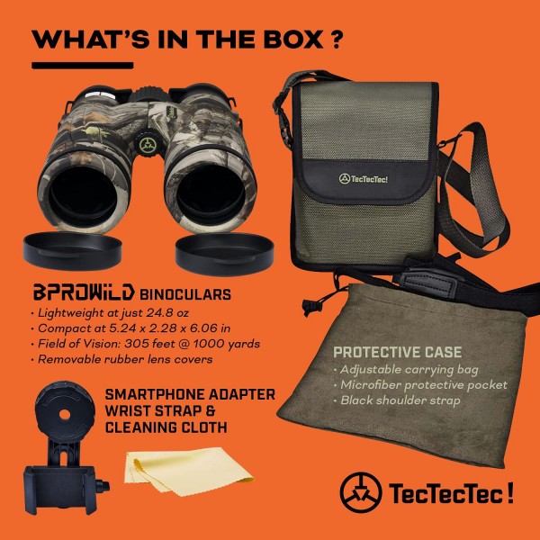 TecTecTec BPRO Wild Camo 10x42 사냥 쌍안경 야외 조류 관찰 HD 전문 쌍안경 전화 마운트 스트랩 포함 조류 관찰 여행 스포츠 및 야생 동물 풍경 관찰용 가방