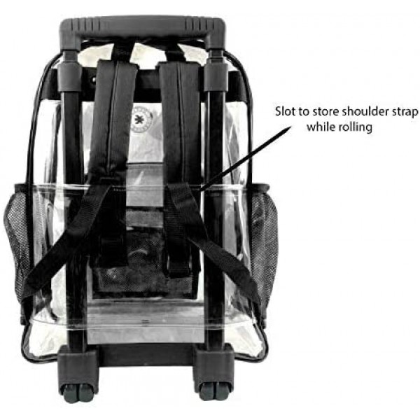 롤링 클리어 백팩 헤비 듀티 북백 품질 시스루 워크백 여행 데이팩 바퀴가 있는 투명 학교 책 가방 블랙
