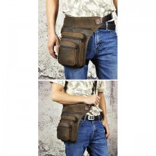 Le'aokuu Mens Genuine Leather Motorcycle Tactic Fanny Belt 허리 팩 Drop Leg Cross Over Bag 2141 (Brown)