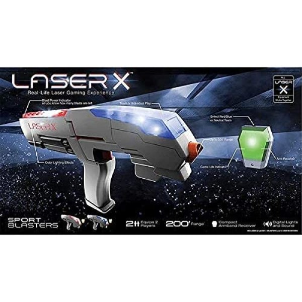 Laser X Double Sports Blaster 200\' Range Full Size Multi-Cognitive Skills & 미세 운동 기술 개발, 가정 또는 야외 엔터테인먼트를 위한 즐거움