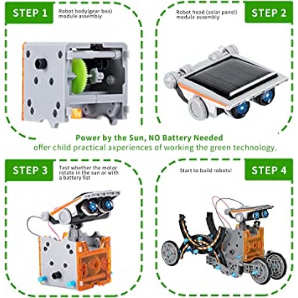 GARUNK 어린이용 태양광 로봇 키트, 12 in 1 교육용 STEM 과학 장난감, 태양광 발전 조립 키트 DIY 로봇 공학 세트, 과학, 기술, 수학 기술 - 땅과 땅에서의 움직임 물 - 교육 활동 선물