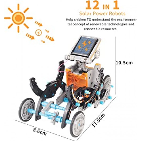 GARUNK 어린이용 태양광 로봇 키트, 12 in 1 교육용 STEM 과학 장난감, 태양광 발전 조립 키트 DIY 로봇 공학 세트, 과학, 기술, 수학 기술 - 땅과 땅에서의 움직임 물 - 교육 활동 선물