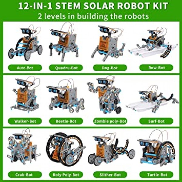 GARUNK 어린이용 태양광 로봇 키트, 12 in 1 교육용 STEM 과학 장난감, 태양광 발전 조립 키트 DIY 로봇 공학 세트, 과학, 기술, 수학 기술 - 땅과 땅에서의 움직임 물 - 교육 활동 선물