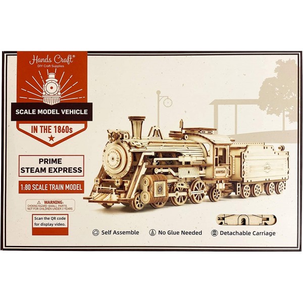 Hands Craft Prime Steam Express Train - 1:80 스케일 모델, DIY 3D 나무 퍼즐 모델 키트 - 레이저 컷 나무 퍼즐 공예 키트, 두뇌 티저 교육용 STEM 건물 모델 장난감(MC501A)