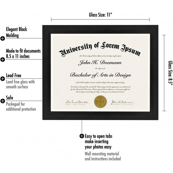 아메리칸플랫 8.5x11 디플로마 프레임 블랙, 비산 방지 유리 - 벽 및 탁상용 가로 및 세로 형식
